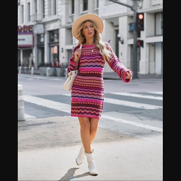 VICI Free The Roses L NWT Crochet Knit Multi Colored Dress Fuchsia Multi Long - Picture 10 of 12